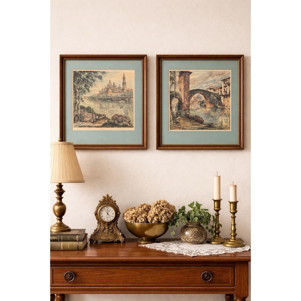 Vintage‎ Spain Prints Zaragoza Valmaseda Framed Mid Century Wall Art Set Picture